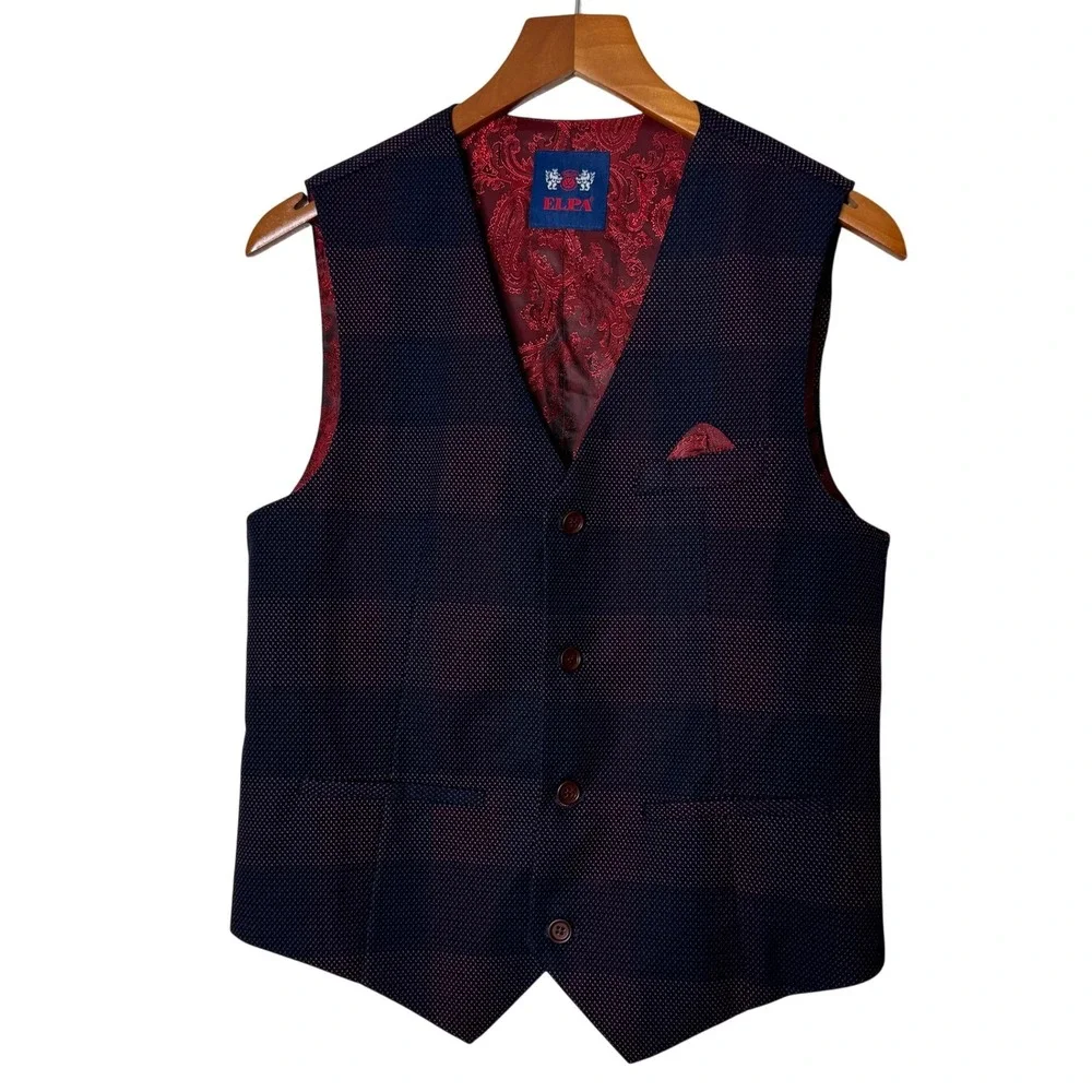 ELPA Boys‎ 2 Piece Formal Plaid Blazer and Vest Set Navy Burgundy Kids Size 18